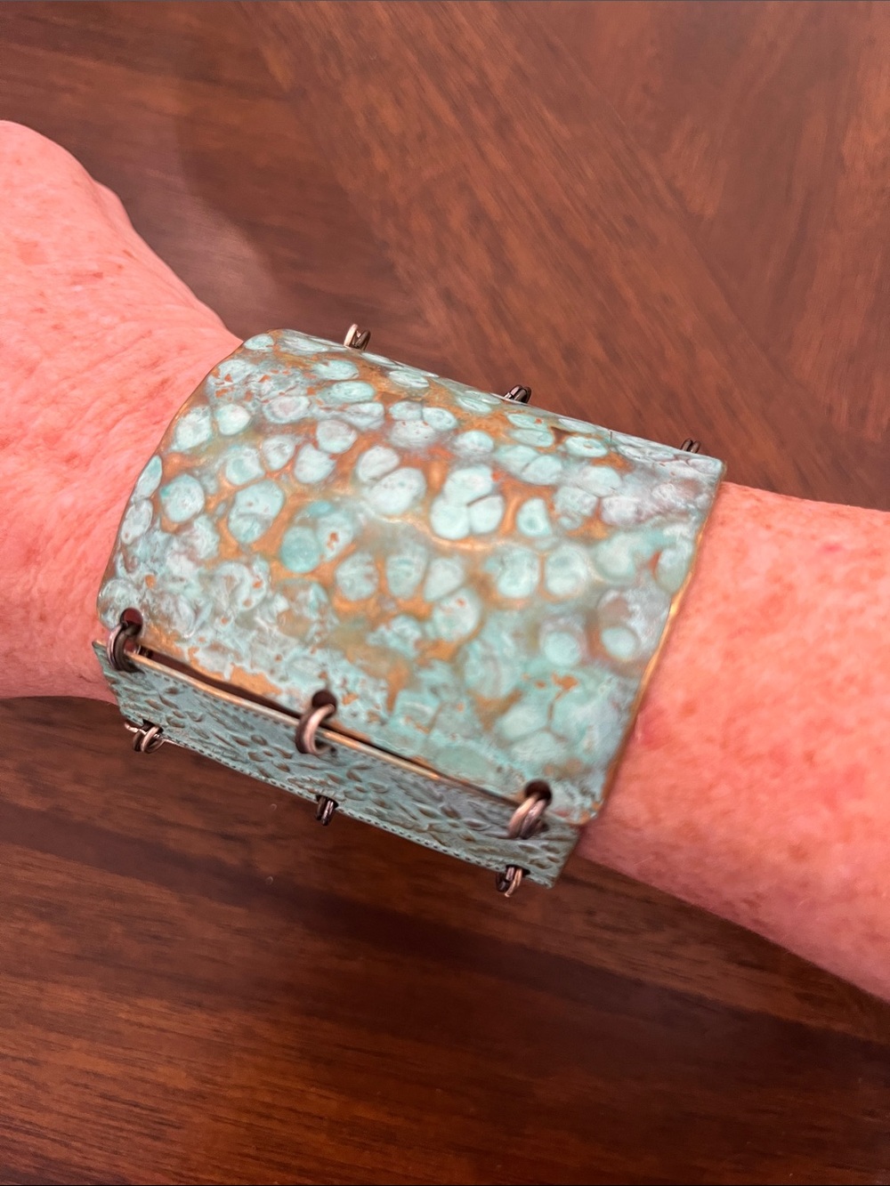 Turquoise Patina Panel Bracelet with Silver Accents